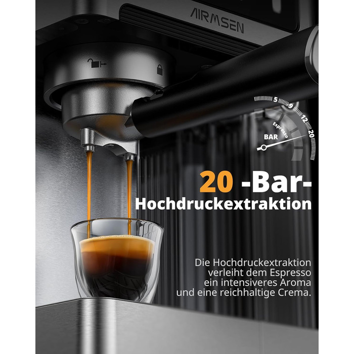 Еспресо-машина Siebträger з подвійним бойлером, 20 Bar, автоматичний спінювач молока, для капучино та лате, нержавіюча сталь, 1.8L бак, сенсорний екран