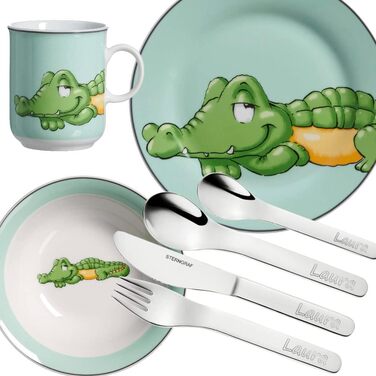 Дитячий набір посуду Kinderset Löwe з гравіюванням (ім'я) + дитячий посуд (крокодил)