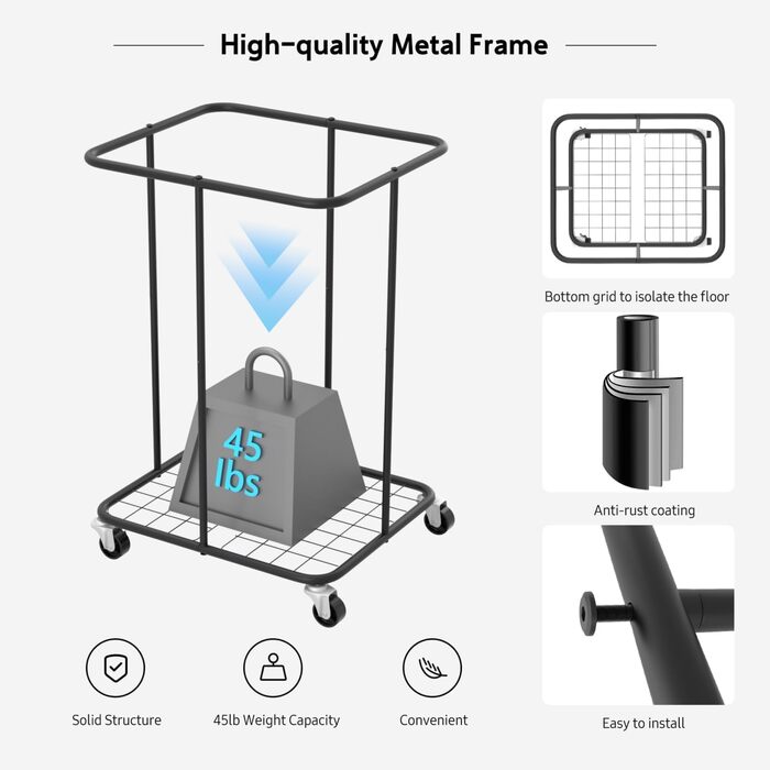 Великий кошик для білизни YKDIRECT, металевий каркас, знімні кишені, колеса, 150л, чорний, для спальні, ванної кімнати