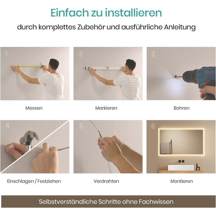 Дзеркало для ванної кімнати EMKE® з підсвічуванням 80x60 см, тепле біле світло 3000K, вимикач, вертикальна/горизонтальна установка, IP44, енергозберігаюче