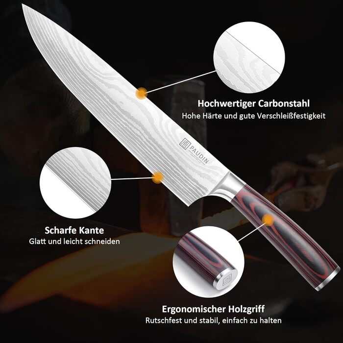 PAUDIN Ніж Сантоку з Дамаску, 13 см - професійний кухонний ніж, висока якість, гостра сталь, ергономічна ручка G10