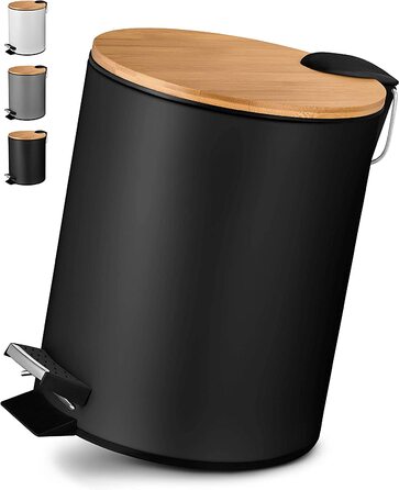 Косметичне відро VMbathrooms 3L з вишуканим чорним дизайном / відро для педалей з автоматичним опусканням (м'яке закриття) / елегантне відро для ванної кімнати з внутрішнім контейнером і кришкою з бамбукового дерева (чорний матовий 5L)