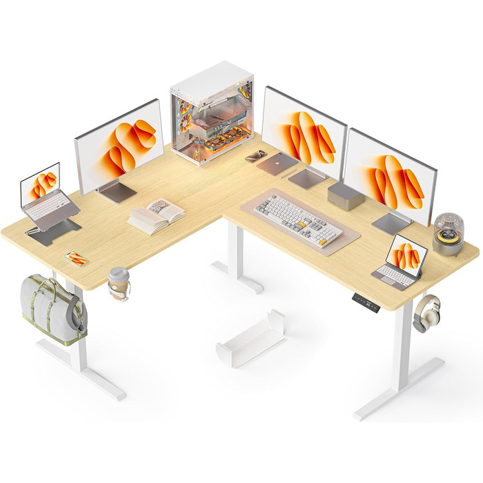 Електричний кутовий стіл WALKINGDESK 160 x 140 см з регулюванням висоти, для офісу, геймінгу, з кабелеуправлінням, колір дуб