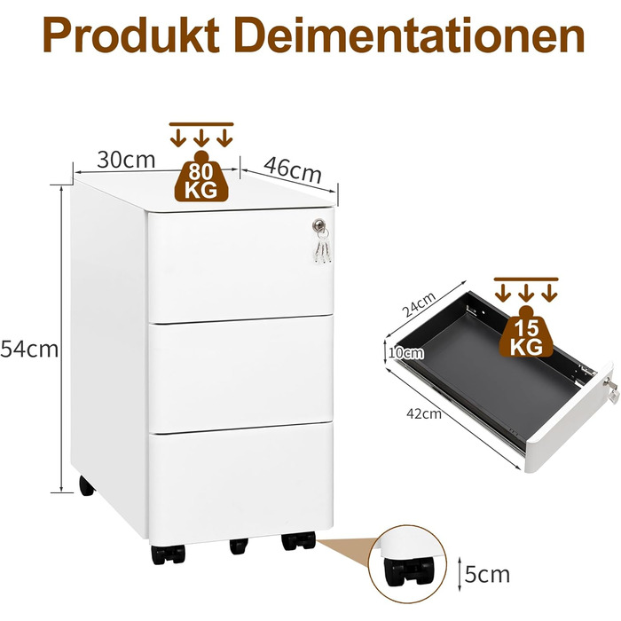 Роликовий контейнер HOMSTEEL з замком, 3 висувні ящики, стіл для принтера, білий, 46x30x54 см