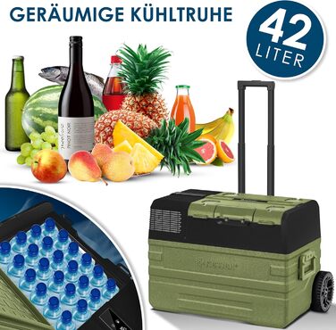 Автомобільний компресорний холодильник KESSER 42L з Wi-Fi, 12/24/230V, до -20°C, колеса, телескопічна ручка, хакі + 2 акумулятори холоду