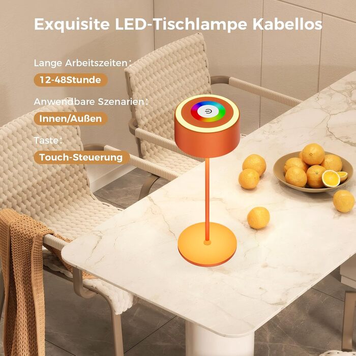 Бездротова LED-лампа TYEE на акумуляторі з регулюванням яскравості, 3000-6000K+RGB, USB-C, водонепроникна IP54, алюміній, для дому та вулиці (Оранжева)