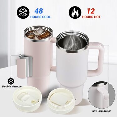 Термокружка-пляшка 1200 мл з трубочкою та антиковзним ручним захопленням, витіканнями запобігає, BPA Free, подвійні стінки, ізоляція для авто, офісу, відпочинку (пастельно-рожевий) біло-рожевий