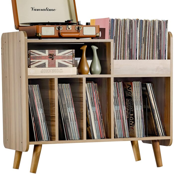 Стіл для програвача, стійка для програвача середини століття з місцем для зберігання до 350+ платівок, шафа для вінілових платівок з регульованими полицями, горіх