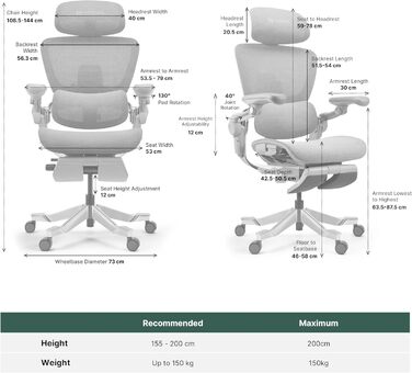 Офісний стіл HINOMI H2 Pro з ергономічною підтримкою попереку, регульованою підголівником та підлокітниками, до 150 кг, дихаюча сітка, поворотний крісло для дому та офісу, сірий