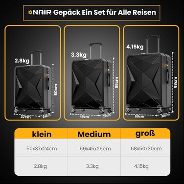 Набір валіз ONAIR 3 шт. (S, M, L) – чорний & золотий. Водовідштовхуюча жорстка оболонка, TSA-замок, тихі колеса, міцний ABS-пластик. Ідеально для подорожей.