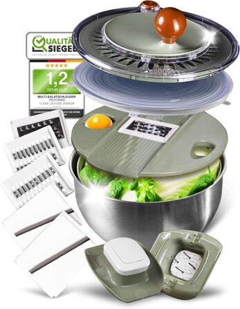 Салатниця-швидкокрутка VELVOMAX 6в1 з нержавіючої сталі, 4.5L - 6 функцій: нарізник овочів, сервіровочна чаша та спіннер для салатів. Можна мити в посудомийній машині, з антиковзним дном та кришкою. Ідеально для любителів готувати.