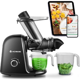 Електричний соковитискач AOBOSI Slow Juicer з 2 швидкостями - для овочів та фруктів, з 8-ступеневою шнековою системою, щіткою для очищення та 2 чашами, функція реверсу