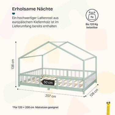 Дитяче ліжко Treviolo Hausbett від en.casa: дерев'яне ліжко Montessori з захистом від падіння, 120x200 см, сосна, колір дерева (м'ятний/білий)
