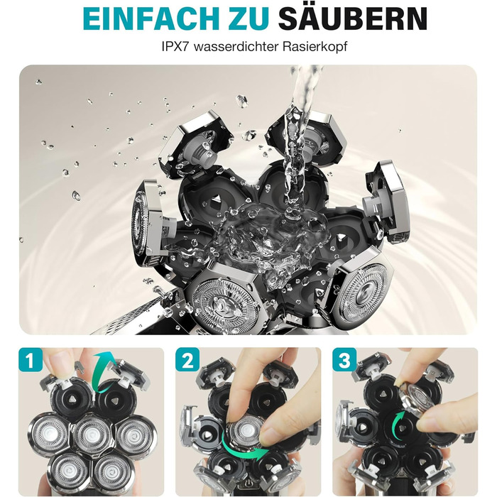 Водонепроникна бритва для голови для лисих чоловіків, волога та суха бритва для бритви Bald, з 7 обертовими бритвами, акумуляторна лиса бритва (срібло, лише змінна головка), 7