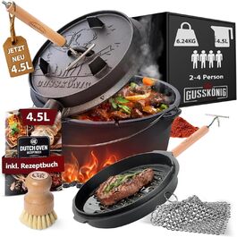 Набір голландської печі з емальованого чавуну 4,5 л (2-4 особи) – для 2-4 осіб, з ніжками, подвійна функція, кришка-підйомник 2в1, чистящий кільце, щітка та кулінарна книга – гарантія 30 років