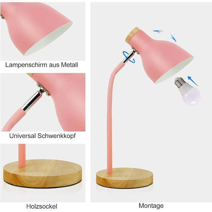 Лампа, регульована металева настільна лампа, E27, Дитяча спальня, рожевий