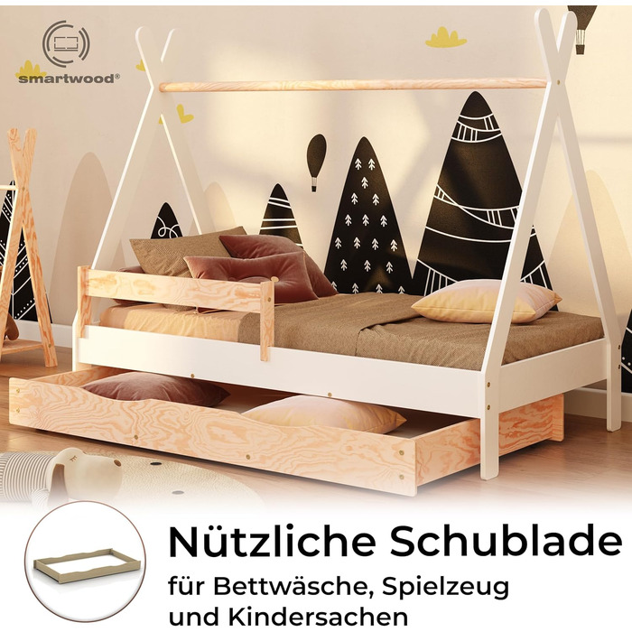 Ліжко-платформа Smartwood Hausbett для дітей Montessori Tipi F з сосни з сертифікатом FSC, захист від падіння, ламелі до 230 кг, для хлопчиків та дівчаток, проста збірка (60x120, білий) з ящиком