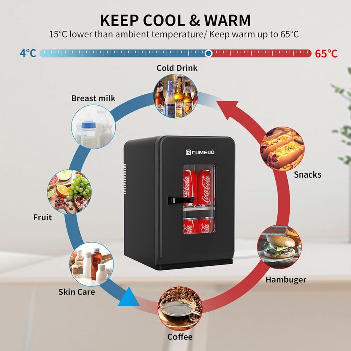 Міні-холодильник Cumeod 15 л/21 банка, 2в1 охолодження-обігрів, 12 В/220 В для автомобіля, офісу, гуртожитку, чорний
