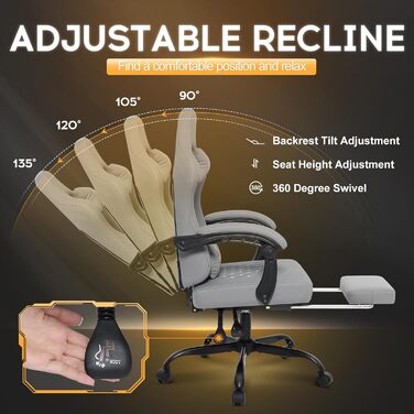 Ігровий крісло Vittanly з пружинними подушками, ергономічний геймерське крісло з підголовником, поперековою подушкою та підставкою для ніг, регульоване по висоті, поворотне ігрове крісло, офісне крісло, 150 кг, сірий