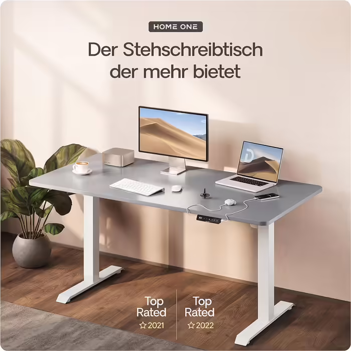 Електричний регульований стіл Desktronic 140x70 см, біло-сірий, з сенсорним управлінням і вбудованими зарядними портами