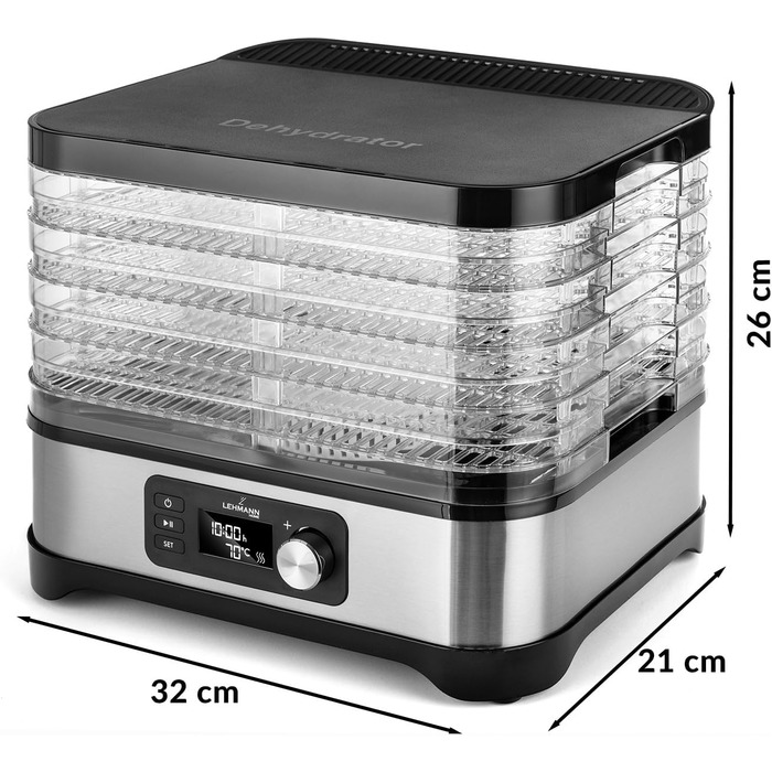 Електричний дегідратор Lehmann для сушіння продуктів з нержавіючої сталі, 450W, 5 рівнів, регулювання температури 35-70°C, для фруктів, грибів, м'яса, трав, без BPA