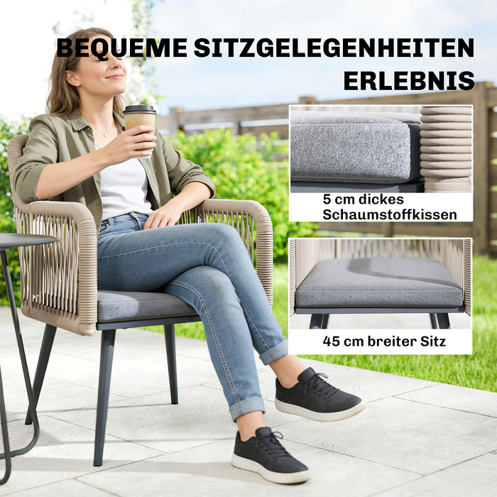 Набір із двох садово-патіо стільців, стійких до погодних умов. Зручні садові стільці з підлокітниками та подушками для сидіння, міцний металевий каркас, витримують до 120 кг. Колір: світло-сірий.