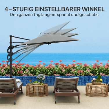 Outsunny Alu Centilever Parasol LED Solar Ø300 см регульована по висоті парасолька з кривошипною підставкою UV50+ Водовідштовхувальний ринок Обертовий ринок на 360° Нахилена садова парасолька Сонцезахисний захист для саду Балкон Темно-сірий