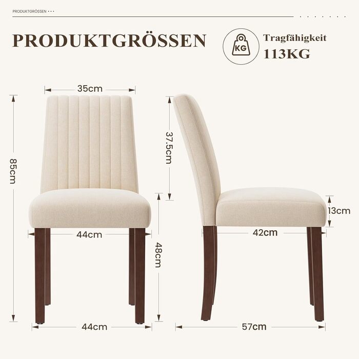 COLAMY Стільці для їдальні з м'яким сидінням, оббивка з тканини, дерев'яні ніжки, набір 2 шт. (Бежевий)