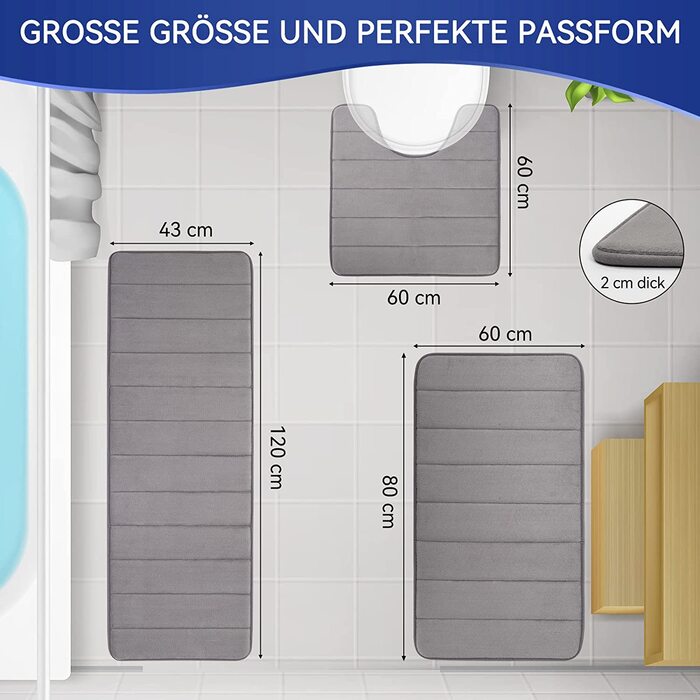 Килимок для ванної кімнати нековзний набір килимків для ванної кімнати з піни з ефектом пам'яті килимок для ванної кімнати супер м'який і вбираючий миючий килимок для ванної кімнати для ванної кімнати, ванни та туалету ( ) (сірий, 60 x 80U60 x 60 43 x 120