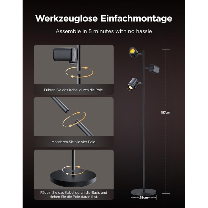 Світлодіодна підлогова лампа Govee 3-Flammen RGBWW, Matter, 1500lm, сумісна з Alexa, 64+ сцени, синхронізація з музикою, 157см, чорна для вітальні, спальні, кабінету