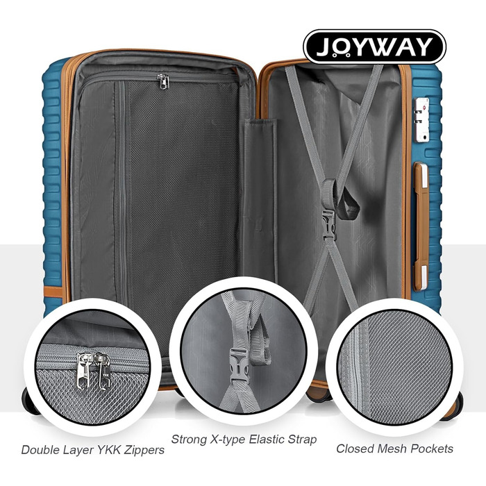 Набір валіз Joyway 6шт з жорстким корпусом, beauty-кейс, косметичка, 4 колеса, TSA-замок, морсько-коричневий (блакитний/коричневий), набір ручної поклажі 4шт
