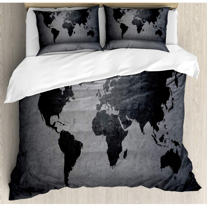 Темно-сірий набір підковдр для двоспальних ліжок, карта світу на стіні, м'яка тканина з мікрофібри, як правило, не вицвітає, 230 x 220 см, чорно-сірий