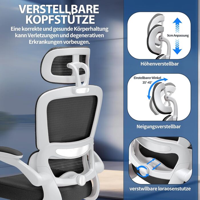 Ергономічне крісло TRALT для офісу з регульованою поперековою підтримкою та підголівником. Ігрове крісло, офісне крісло, крісло для дому, крісло для великих людей, 150 кг, біло-чорне