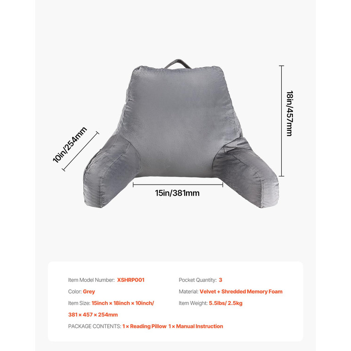 Крісло-мішок VEVOR з memory foam, з кишенями та чохлом з велюру, сіре - для читання, перегляду телевізора та ігор