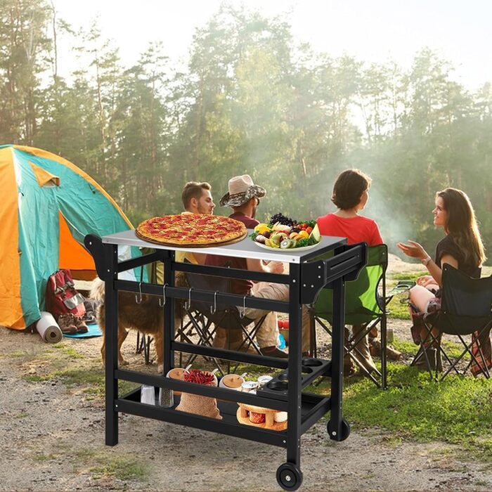 Гриль-візок Komfotteu з нержавіючою сталею, столиця для гриля, візок для сервірування з полицями для спецій, вина та гачками, для зони відпочинку