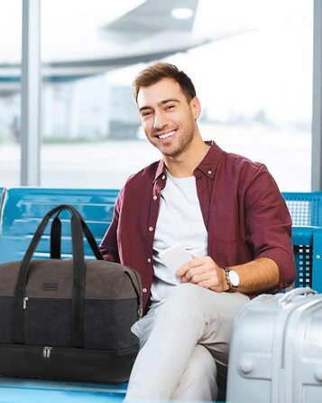 Спортивна сумка LOVEVOOK для жінок, дорожня сумка-валіза, дорожня сумка-мішок, валіза ручної поклажі, сумка для подорожей, сумка для пологів, сумка для одягу, сумка з відділенням для взуття, з косметичкою, бежево-коричнево-чорна (canvas), 50x38x25 см