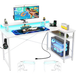 Ігровий кутовий стіл L-подібної форми з LED-підсвічуванням та розетками, 120x70 см, колір дуб (білий)