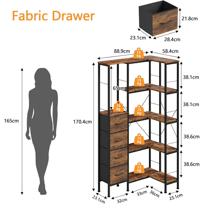 Кутовий стелаж OYRREU з 5 ярусами, LED-підсвічуванням та 4 висувними ящиками. Підходить для вітальні, спальні, офісу, кухні. Вінтажний коричневий колір.