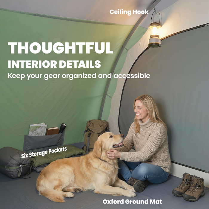 Сімейний намет-тунель на 4 особи з 2 спальнями, тамбуром, 4 вікнами, підлогою та висотою стелі. Водостійкість 3000 мм.