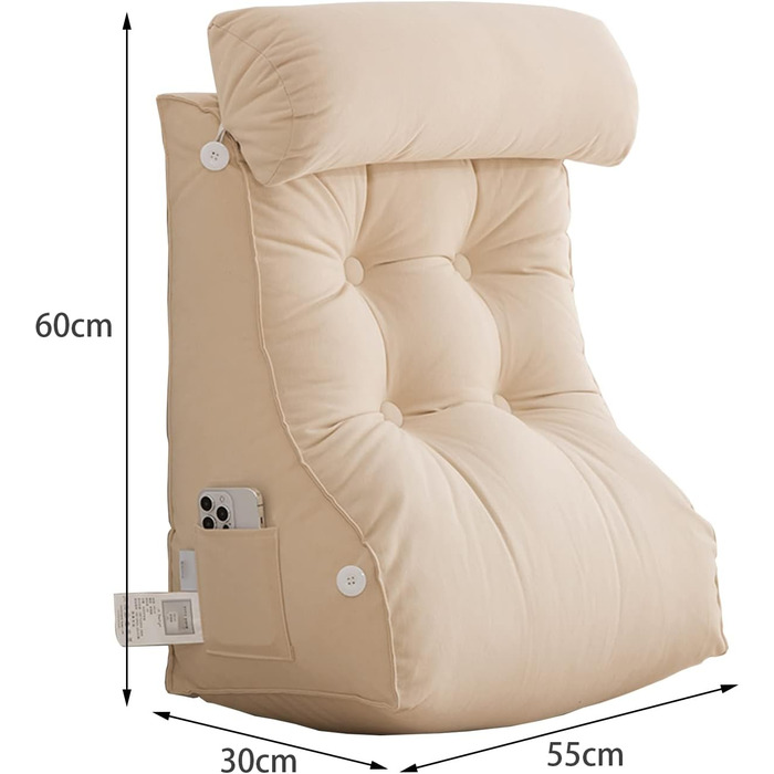 Подушка для читання COYEUX, велика подушка для ліжка з кишенею, спинка для телевізора, клиновидна подушка з підтримкою шиї, для сидіння в ліжку, на дивані або на підлозі (з підголовником) сіро-блакитна, ширина 55 см (з підголовником)