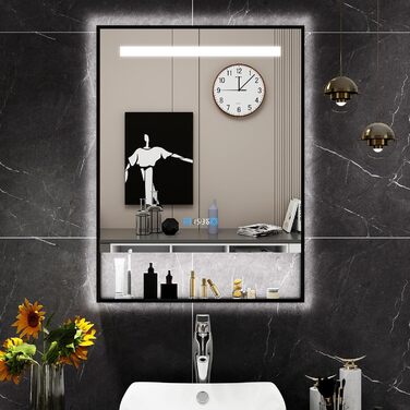 Дзеркало для ванної кімнати YU YUSING 80x60 см з підсвічуванням LED, 3 кольори світла, регулювання яскравості, антизапарник, сенсорне управління, таймер, загартоване скло, IP44 (чорний з полицею)