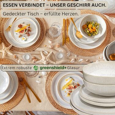 Набір посуду SÄNGER Korfu 24 шт. для 8 осіб: тарілки, супи, десертні, з каменю, ручної роботи, кремового кольору з пісочною текстурою