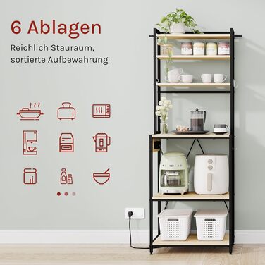 Кухонна полиця WOLTU з 6 ярусами, з розетками, для мікрохвильової печі, з металевим каркасом, регульовані полиці, Чорний+Рустикальне коричневий, 60 x 167 x 40 см (Чорний+світлий дуб, 60 x 39,5 x 167 см)