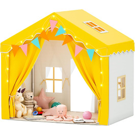 Дитяче намет-будиночок EROMMY 2-в-1 з килимком, прапорцями та світлодіодними смугами, з двома дверцятами, з даховим віконцем, для дому, від 3 років (Жовтий)