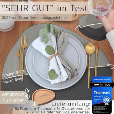 Набір з 6 преміум-підкладок для столу Mahewa® з екошкіри - підкладки для тарілок, миються та водонепроникні, підкладки під тарілки з імітацією шкіри (темно-сірий/світло-сірий, овальні з тримачем)