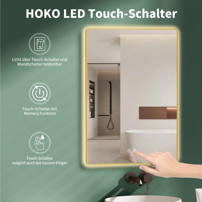 LED дзеркало для ванної кімнати HOKO Texas 60x80 см / 80x60 см з підсвічуванням, протитуманним покриттям та чорним металевим каркасом. Можливість встановлення вгору та вбік. Сенсорне керування + світло, регулювання кольору 2700-6500K (тепле, холодне, нейт