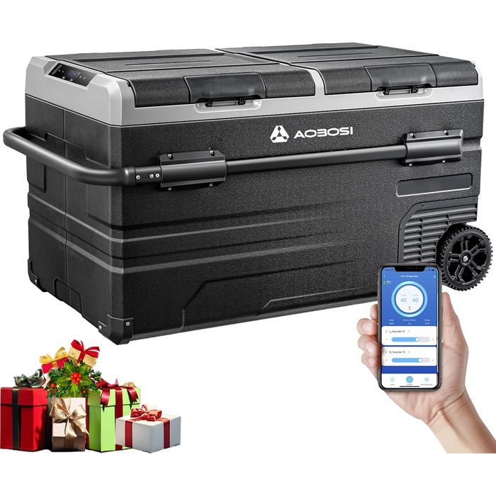 Компресорна холодильна сумка AAOBOSI з двома зонами, 115L, з Wi-Fi, USB, 12/24/240V, -20°C до 20°C для авто, вантажівки, човна, кемпінгу