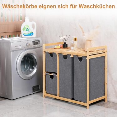 Кошик для білизни iEGrow з 4 відділеннями, 150л, бамбуковий візок для білизни з полицею, місткий кошик для брудної білизни з оксфордської тканини (сірий)