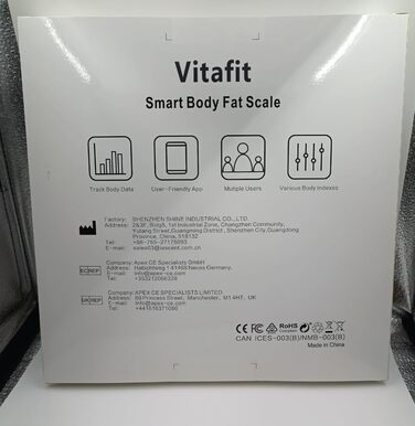 Ваги жиру в організмі Vitafit з додатком, Bluetooth, 180 кг, аналіз організму на жир, ІМТ, м'язи, чорний