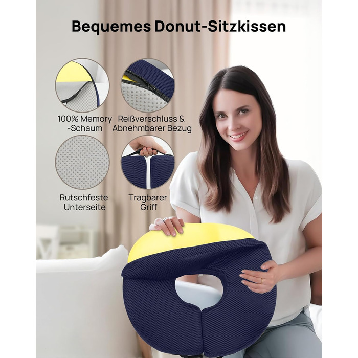 Ортопедична подушка-кільце Feagar: ергономічний сидіння-пончик для копчика, геморой та ішіасу, посилена (90-140 кг), темно-синя